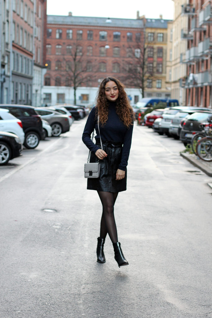 Navy Blue Knit meets Black Leather Skirt this Winter