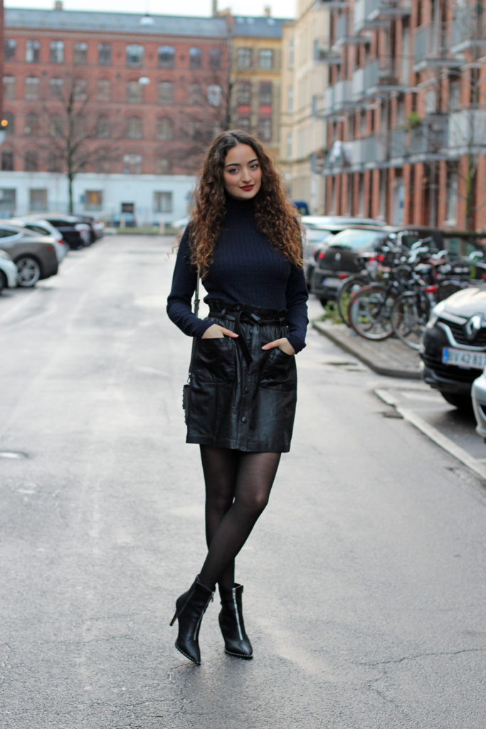 Navy Blue Knit meets Black Leather Skirt this Winter