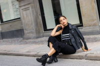 All black with a Tight Low Bun and Red Lips